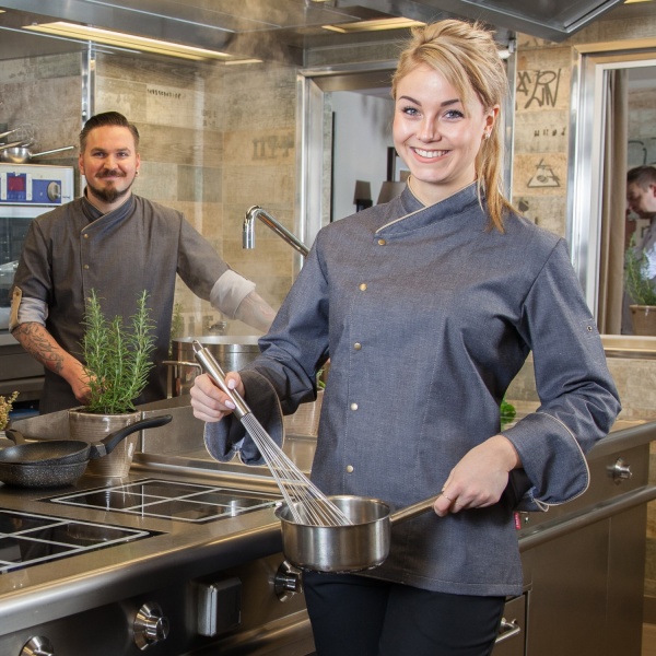 Treck-Fiona, Damenkochjacke in Denim-Optik 