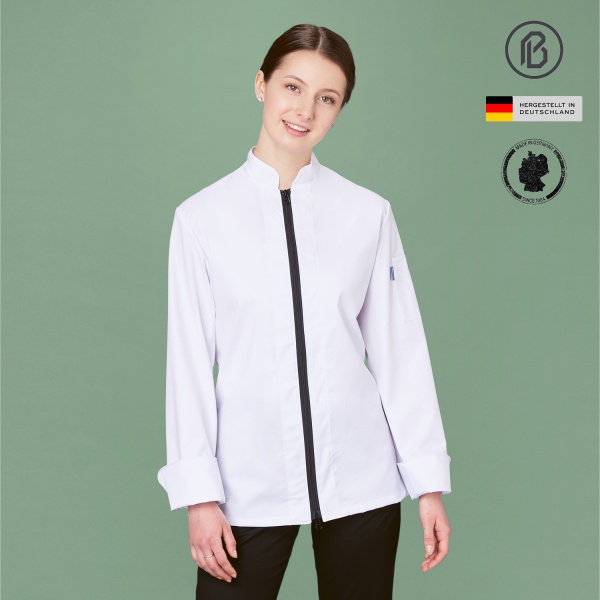 Satin-Rike, weiße Damen-Kochjacke 